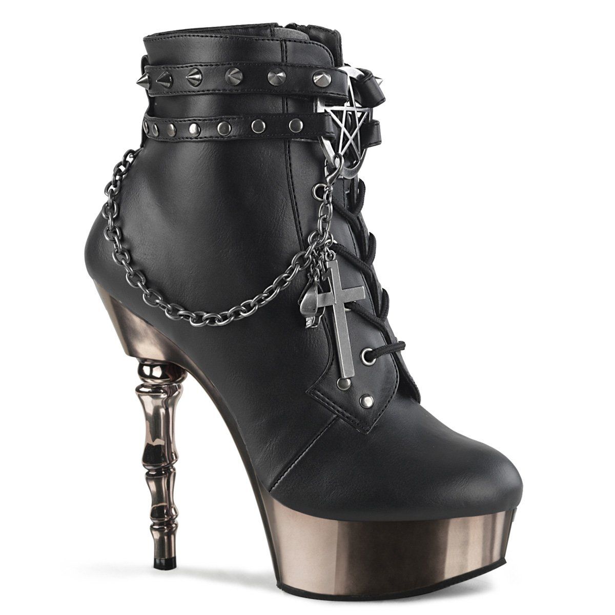 MUERTO-1001 Black Faux Leather/Pewter Chrome Ankle Boot Demonia