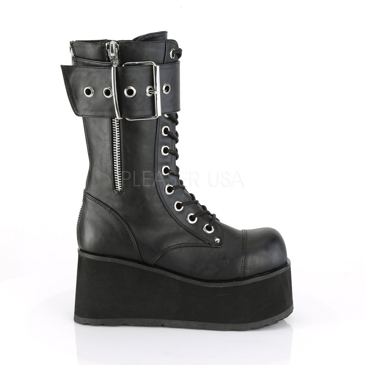 PETROL-150 Black Vegan Leather Calf Boot Demonia