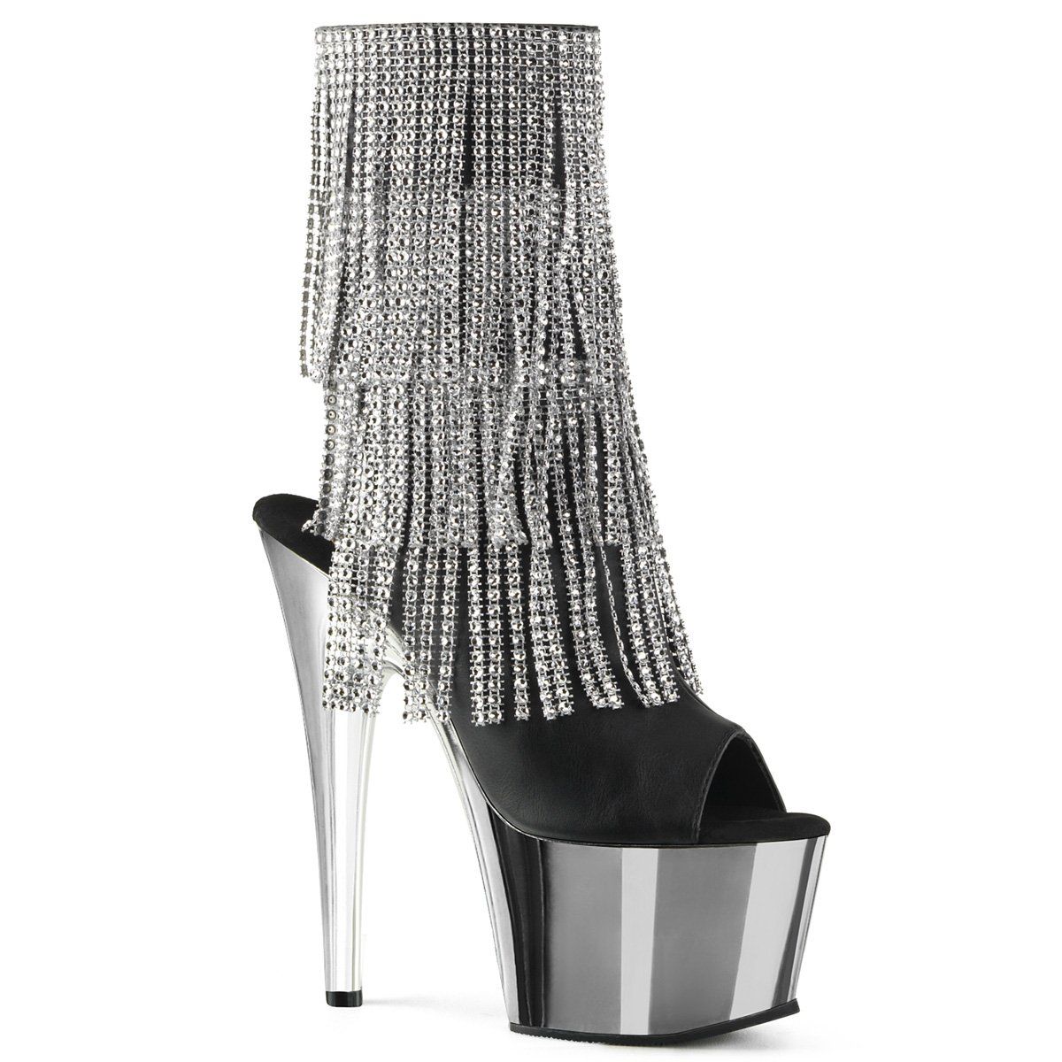 Pleaser ADORE-1024RhinestoneF Black Faux Leather-Silver/Silver Chrome Ankle Boot Ankle Boot Pleaser