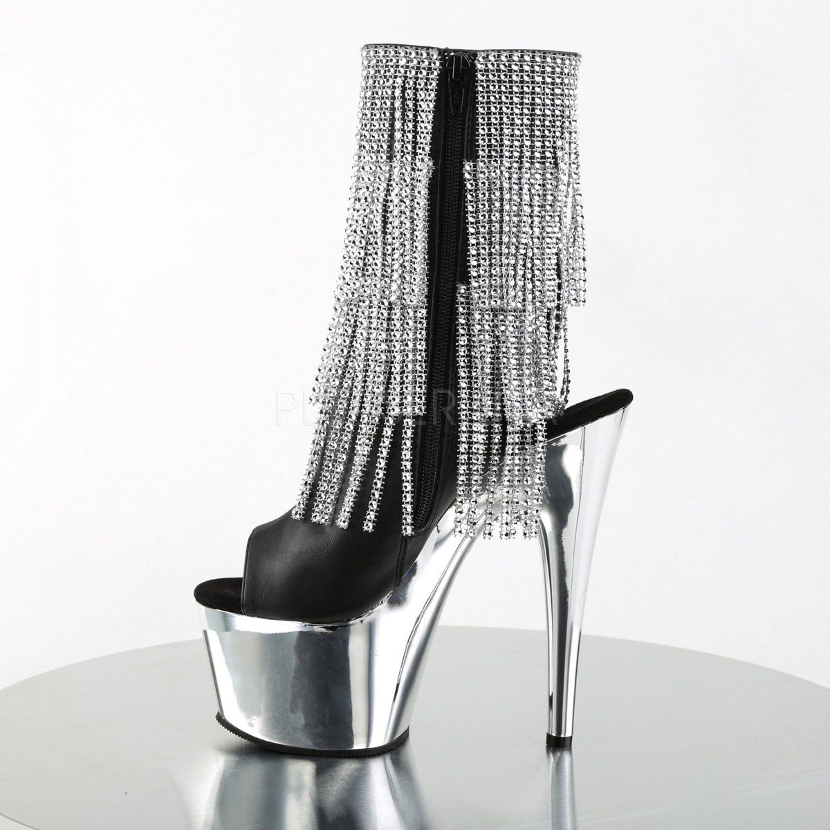 Pleaser ADORE-1024RhinestoneF Black Faux Leather-Silver/Silver Chrome Ankle Boot Ankle Boot Pleaser
