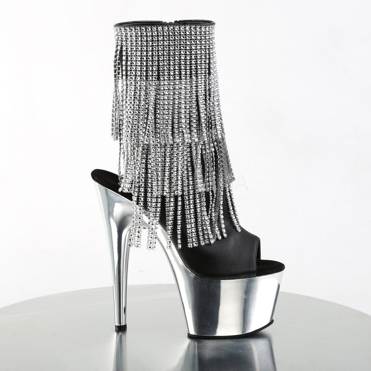 Pleaser ADORE-1024RhinestoneF Black Faux Leather-Silver/Silver Chrome Ankle Boot Ankle Boot Pleaser