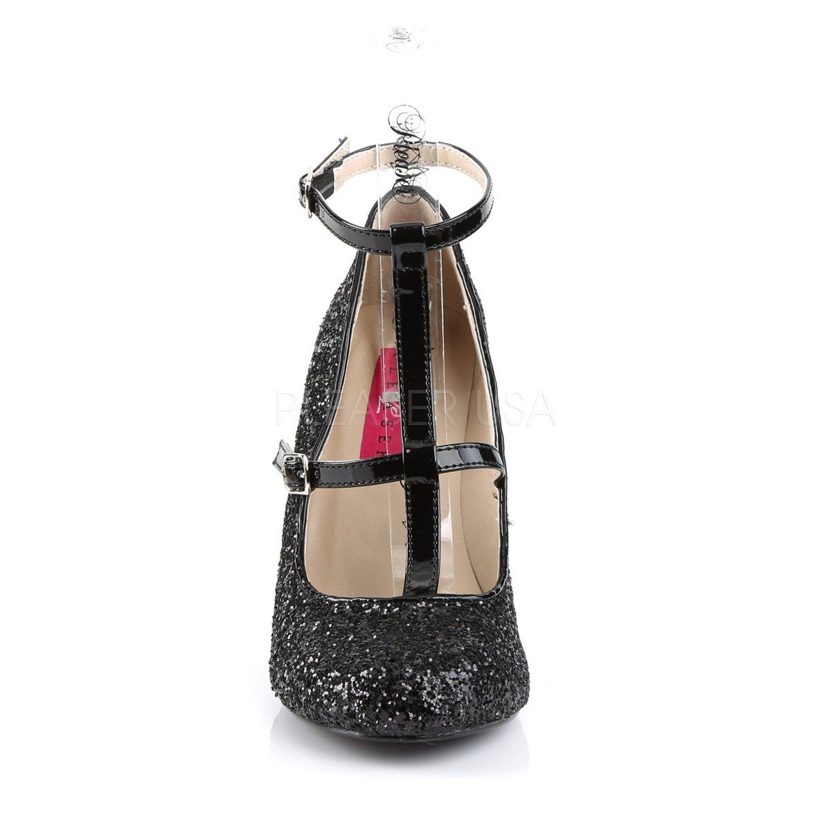 QUEEN-01 Black Glitter-Patent Pleaser Pink Label
