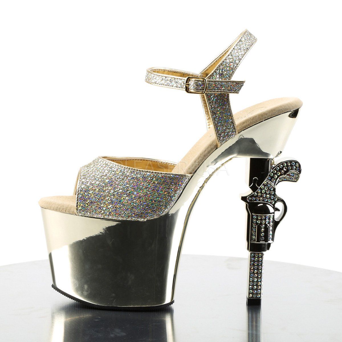 REVOLVER-709G Gold Multi Glitter/Gold Chrome Platform Sandal Pleaser