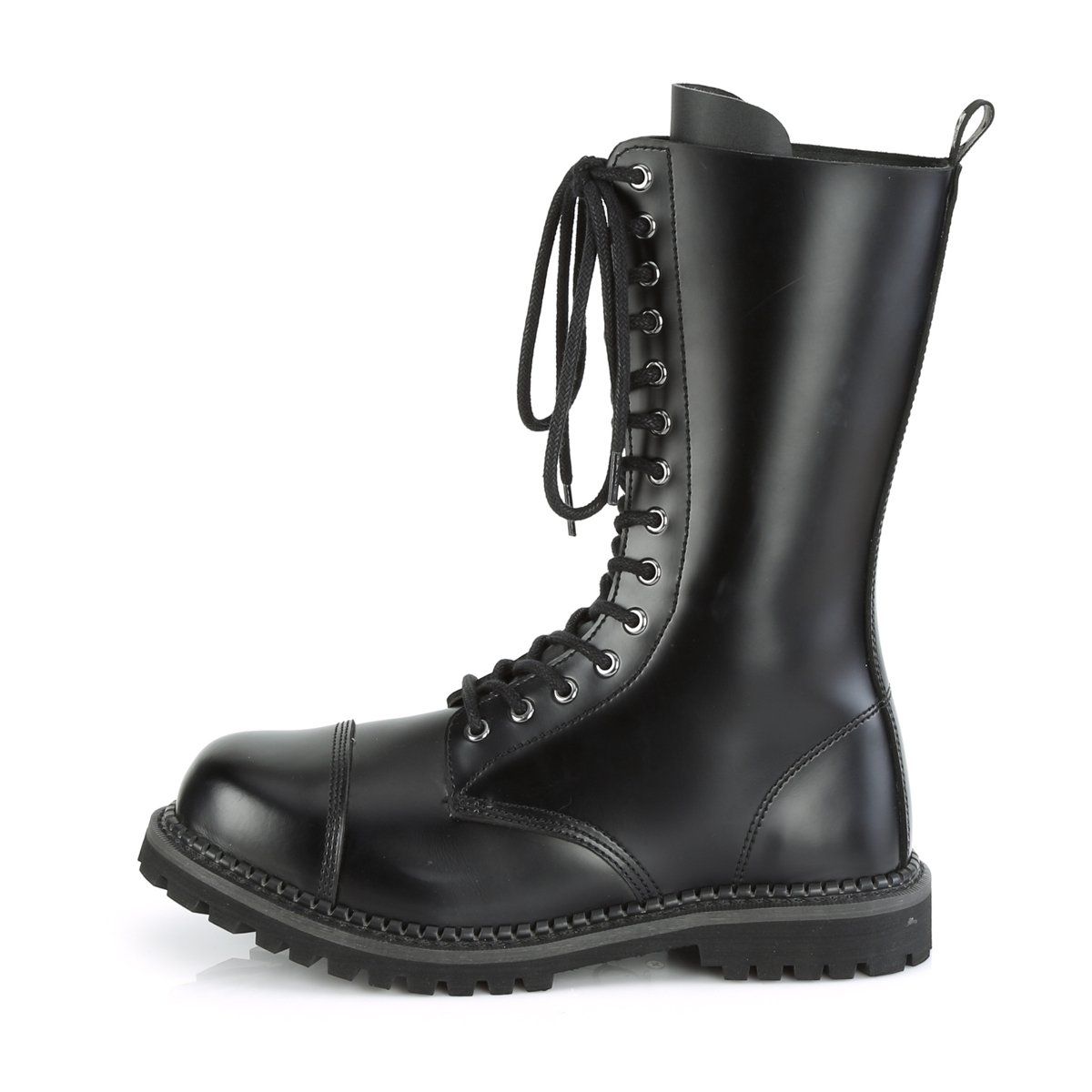 RIOT-14 Black Leather Mid-Calf Boot Demonia