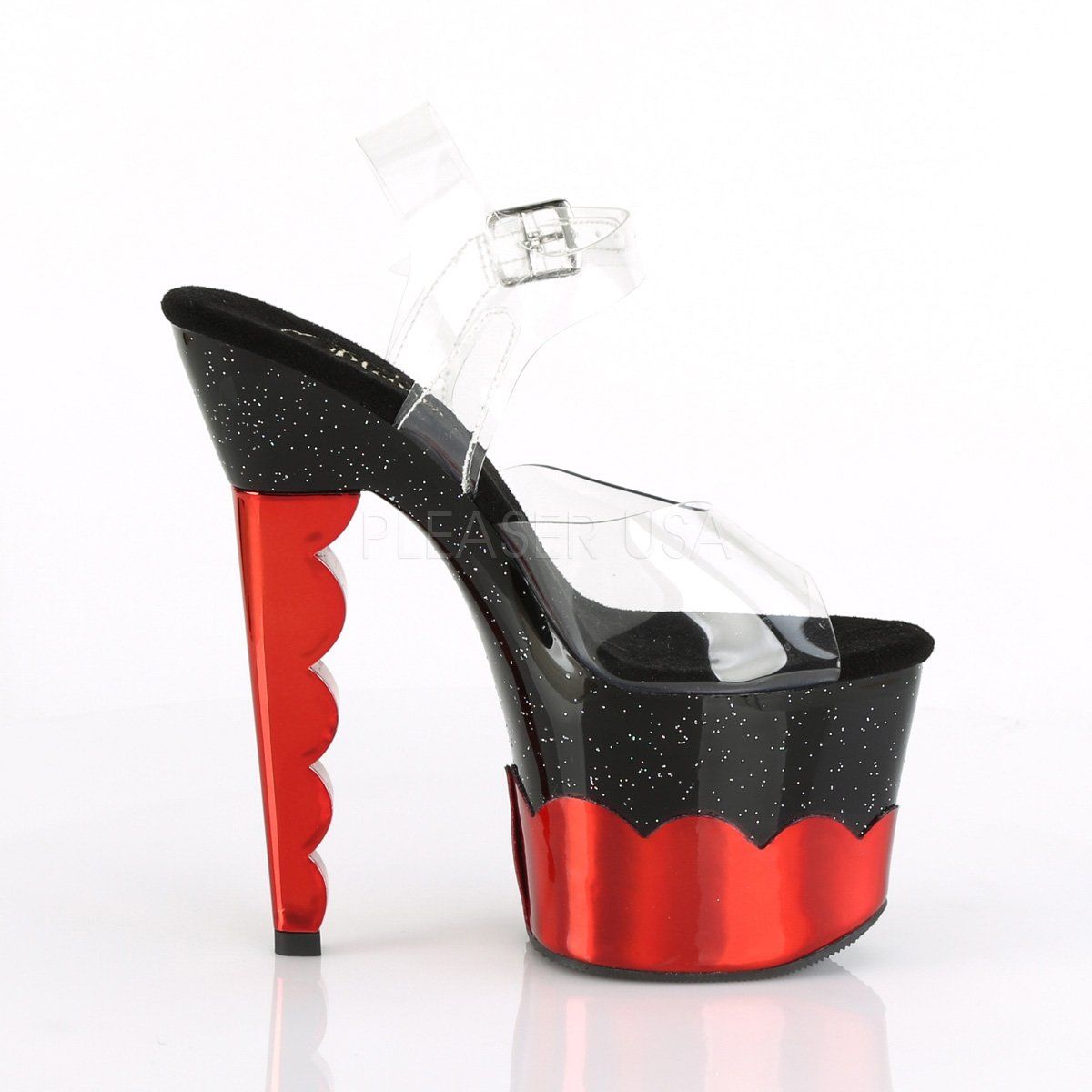 SCALLOP-708-2HGM Clear/Black-Red Hologram Platform Sandal Pleaser
