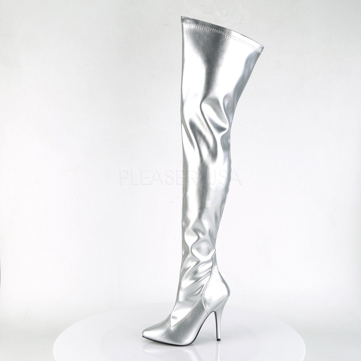 SEDUCE-3000 Silver Stretch Faux Leather Thigh Boot Pleaser