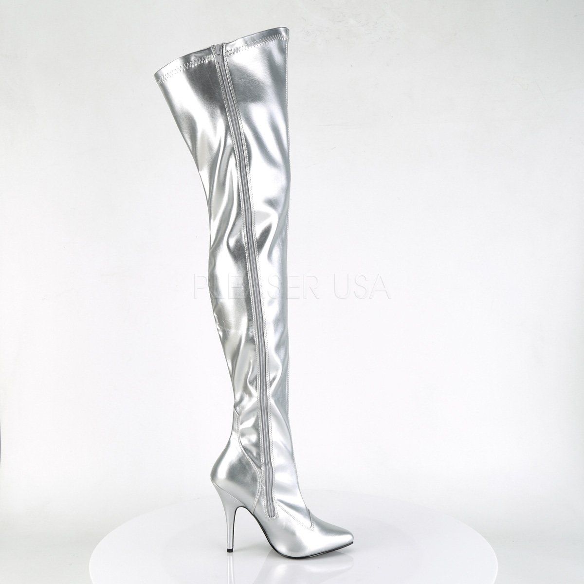 SEDUCE-3000 Silver Stretch Faux Leather Thigh Boot Pleaser