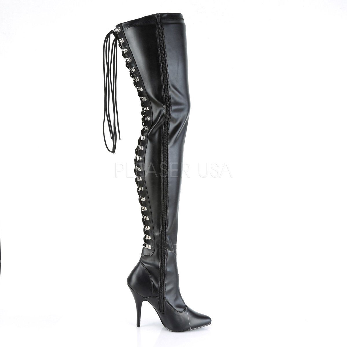 SEDUCE-3063 Black Stretch Faux Leather Thigh Boot Pleaser