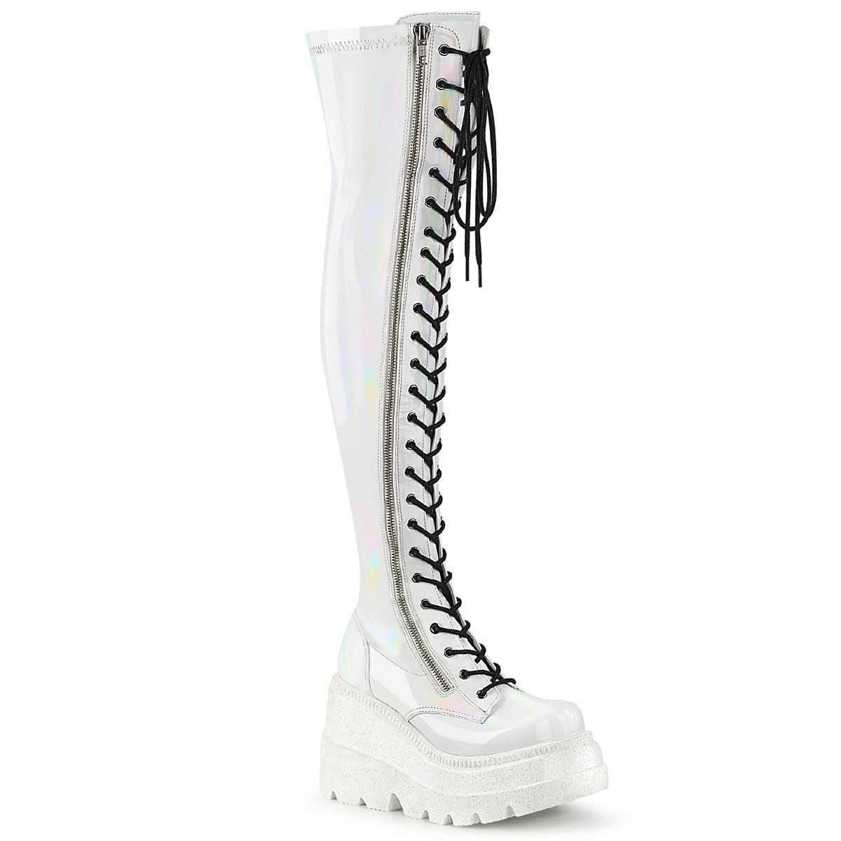 SHAKER-374 White Hologram Stretch Patent Thigh Boot Demonia
