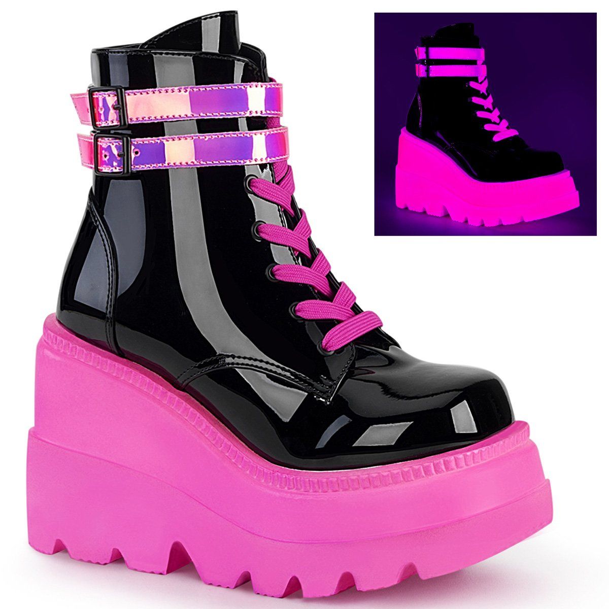 SHAKER-52 Black Patent-UV Neon Pink Ankle Boot Demonia
