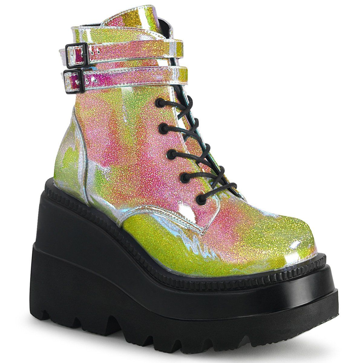 SHAKER-52 Pink Shifting Glitter Vegan Leather Ankle Boot Demonia