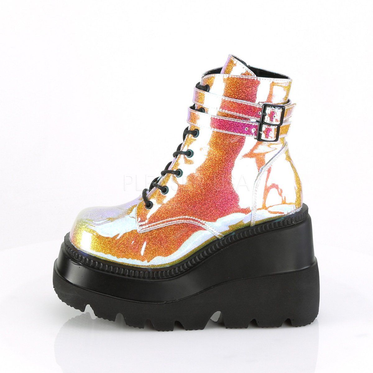 SHAKER-52 Pink Shifting Glitter Vegan Leather Ankle Boot Demonia