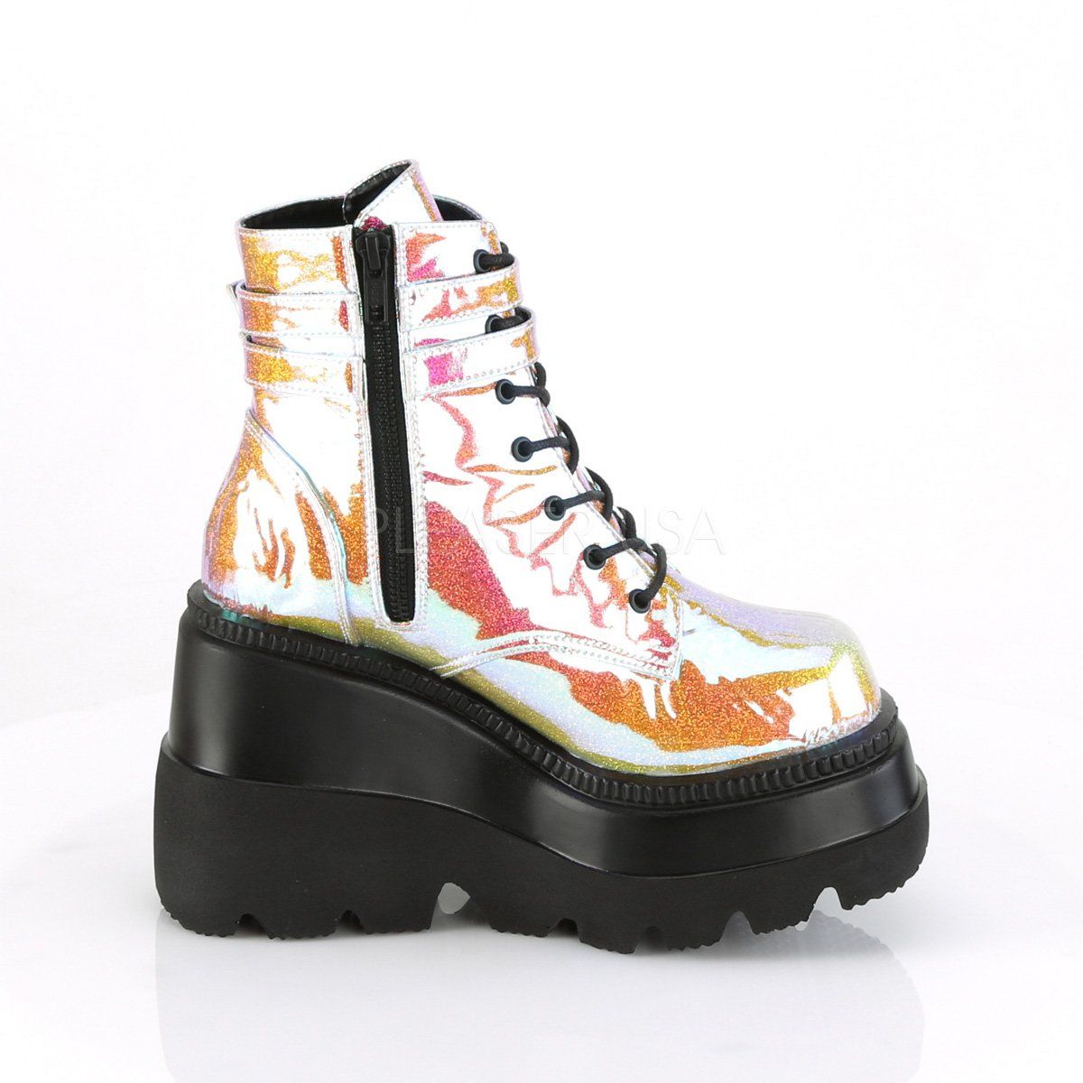 SHAKER-52 Pink Shifting Glitter Vegan Leather Ankle Boot Demonia