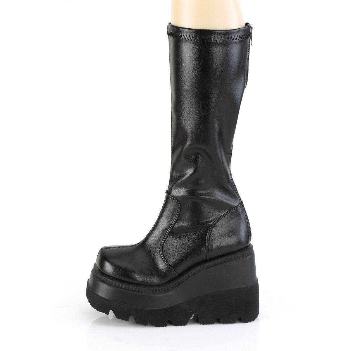SHAKER-65 Black Stretch Vegan Leather Knee Boot Demonia
