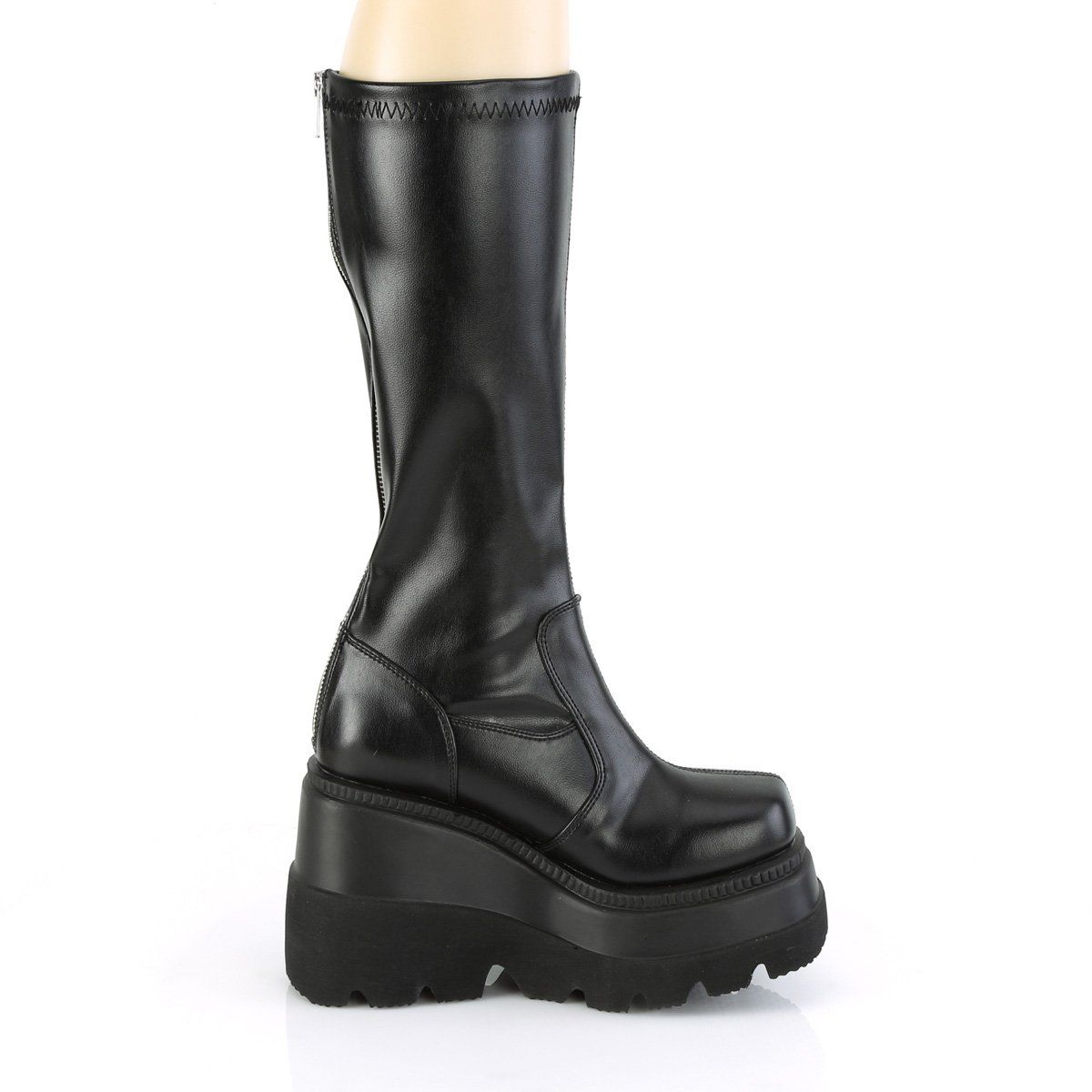 SHAKER-65 Black Stretch Vegan Leather Knee Boot Demonia