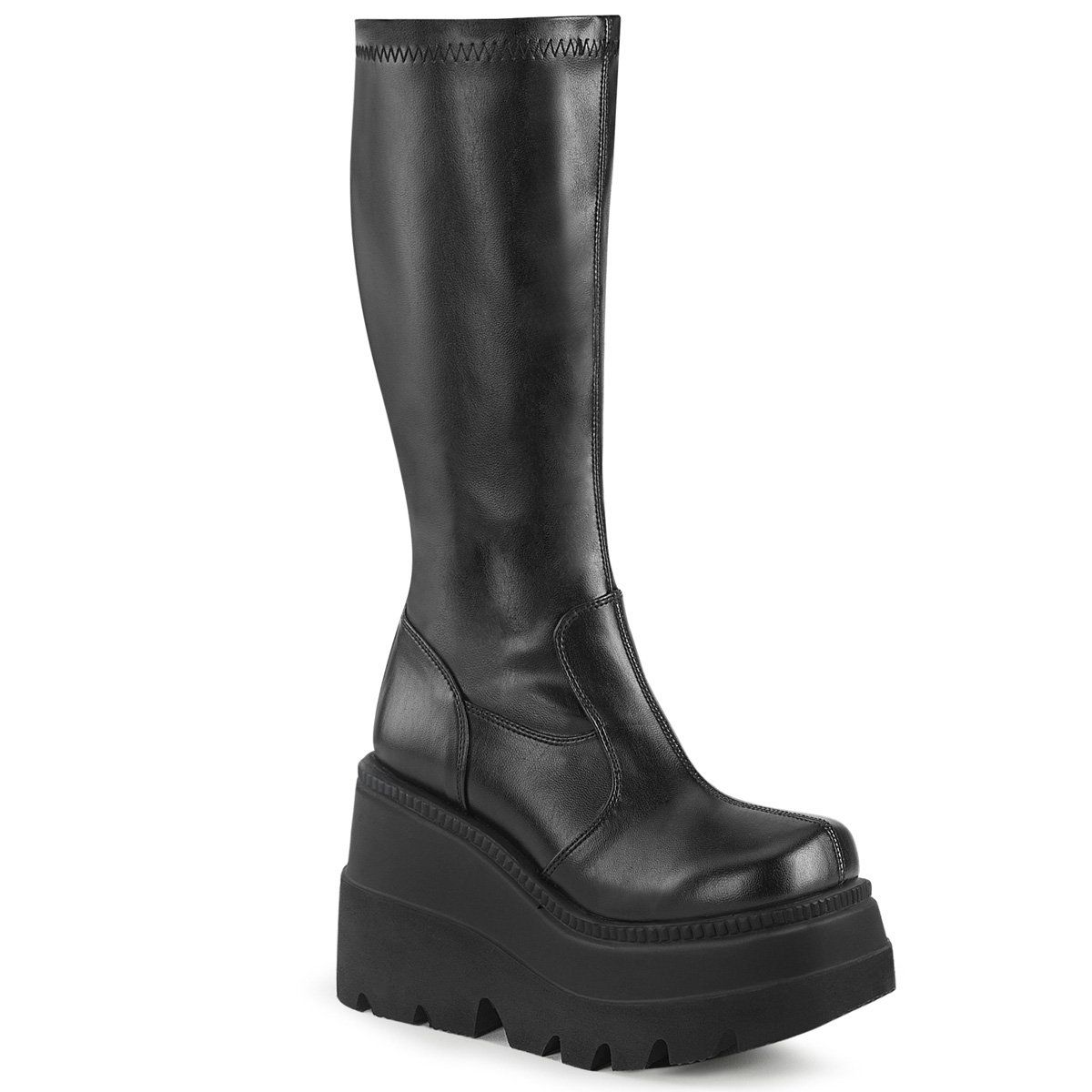 SHAKER-65 Black Stretch Vegan Leather Knee Boot Demonia