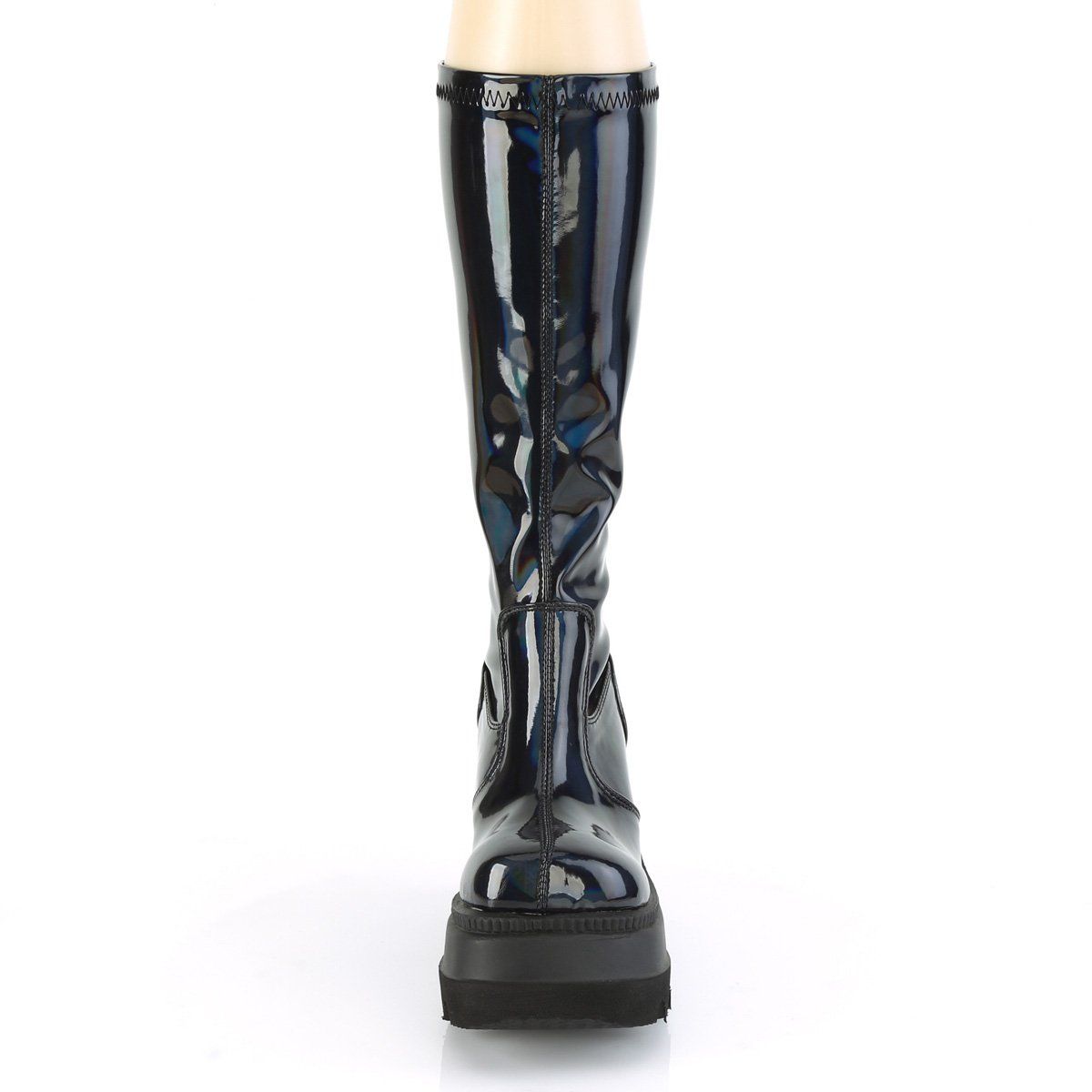SHAKER-65 Stretch Black Patent Holo Knee Boot Demonia