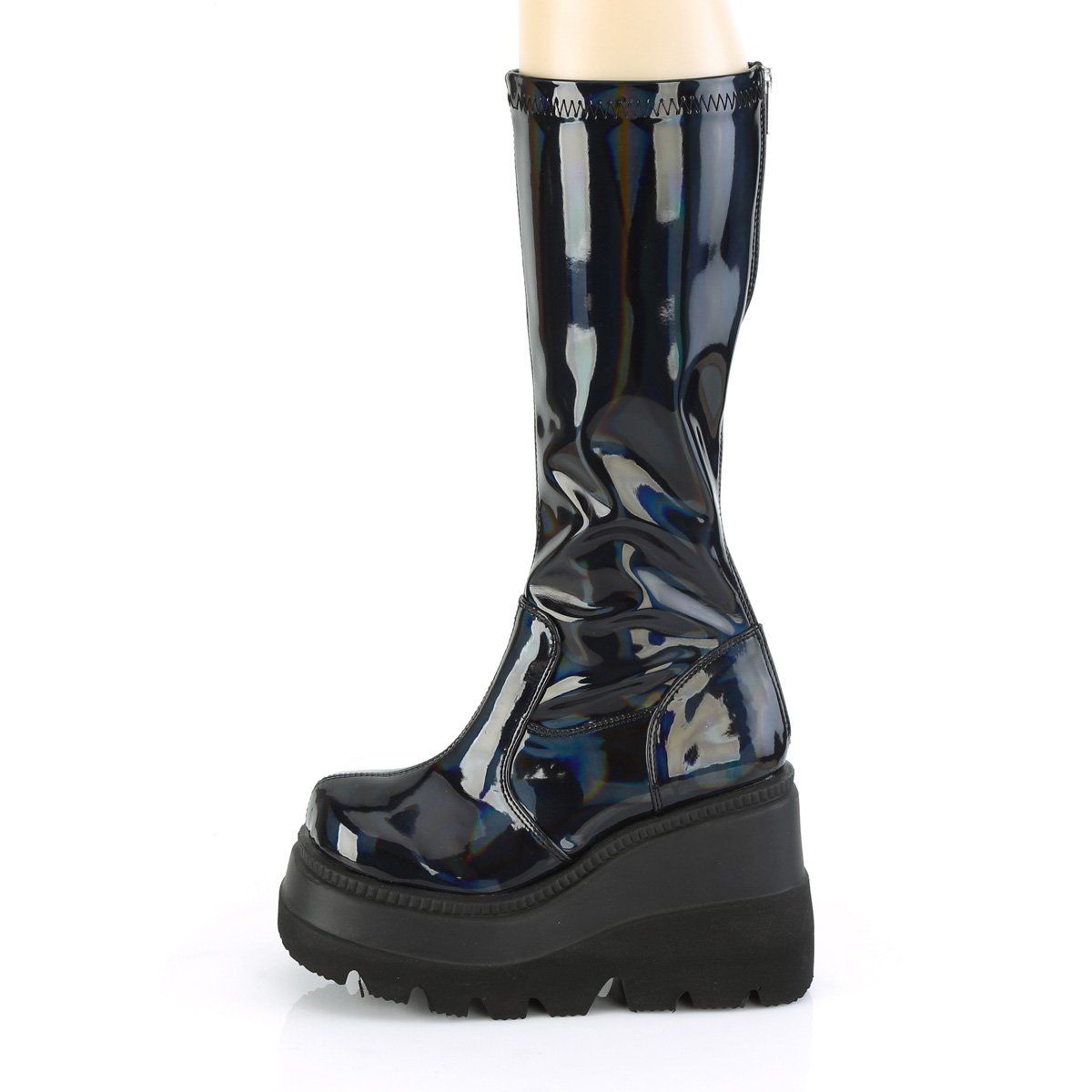 SHAKER-65 Stretch Black Patent Holo Knee Boot Demonia