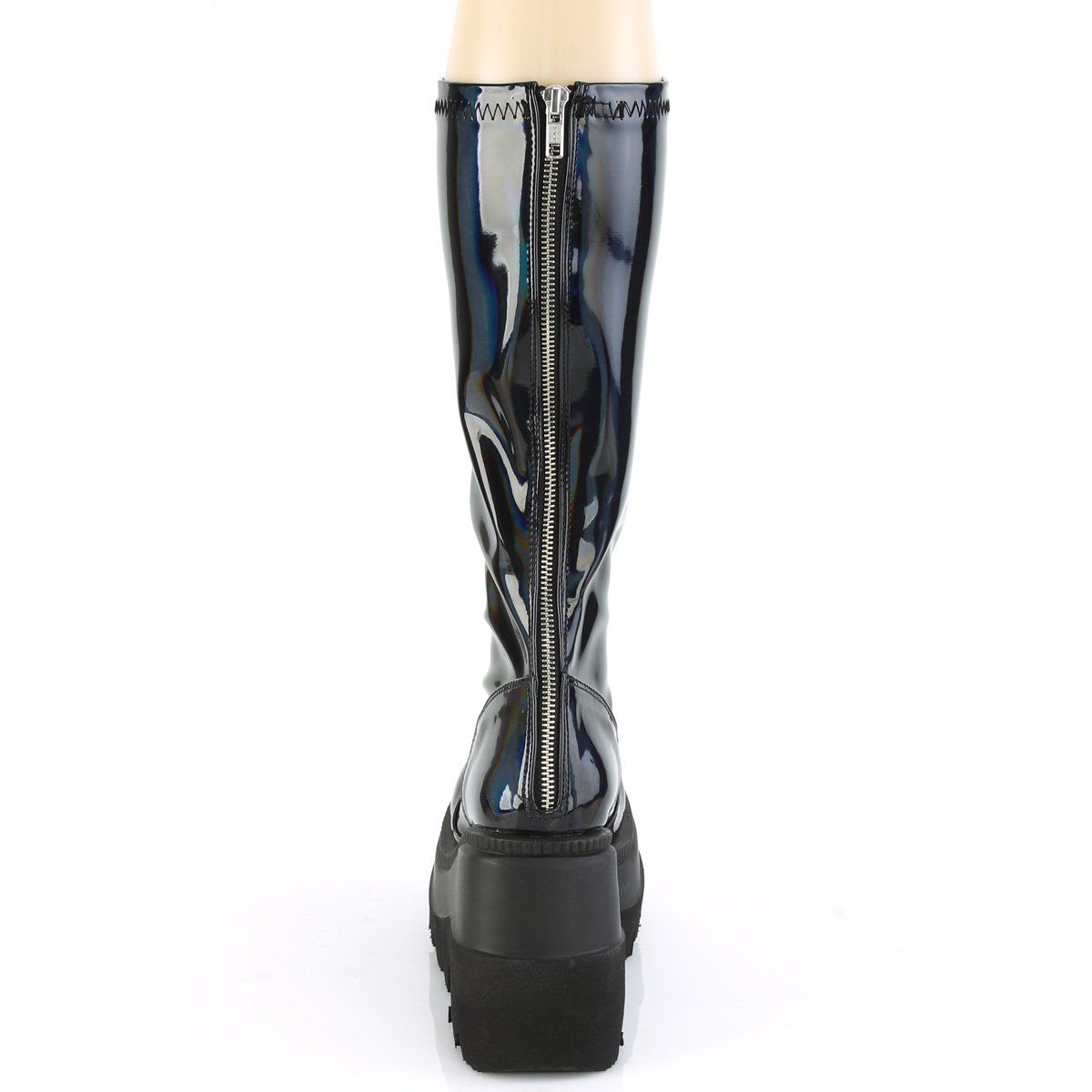 SHAKER-65 Stretch Black Patent Holo Knee Boot Demonia