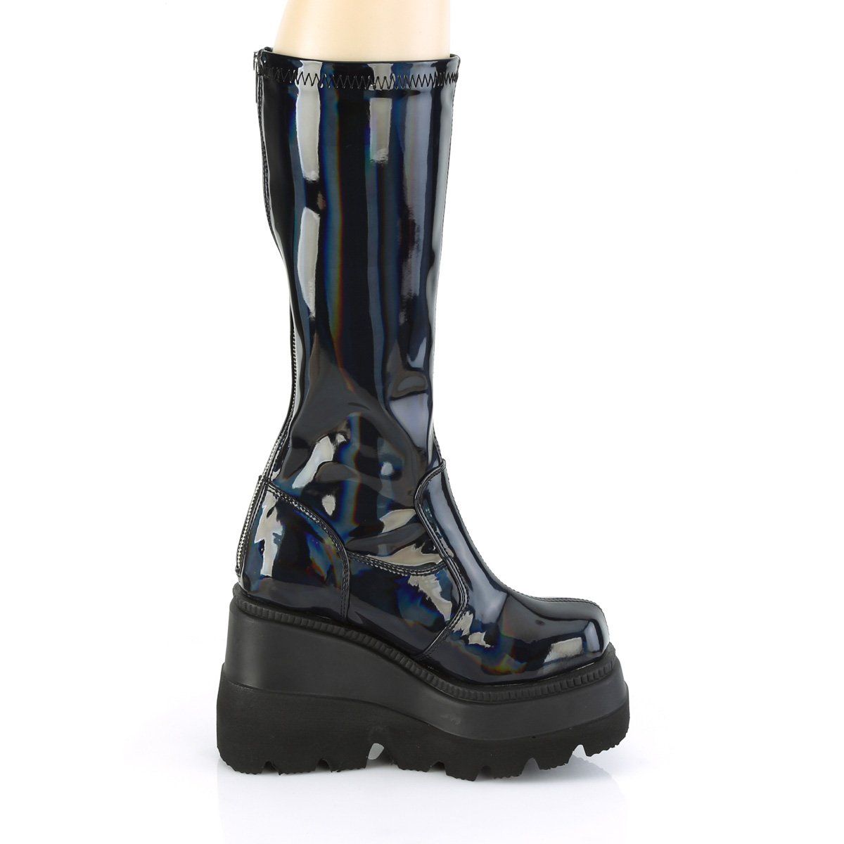 SHAKER-65 Stretch Black Patent Holo Knee Boot Demonia