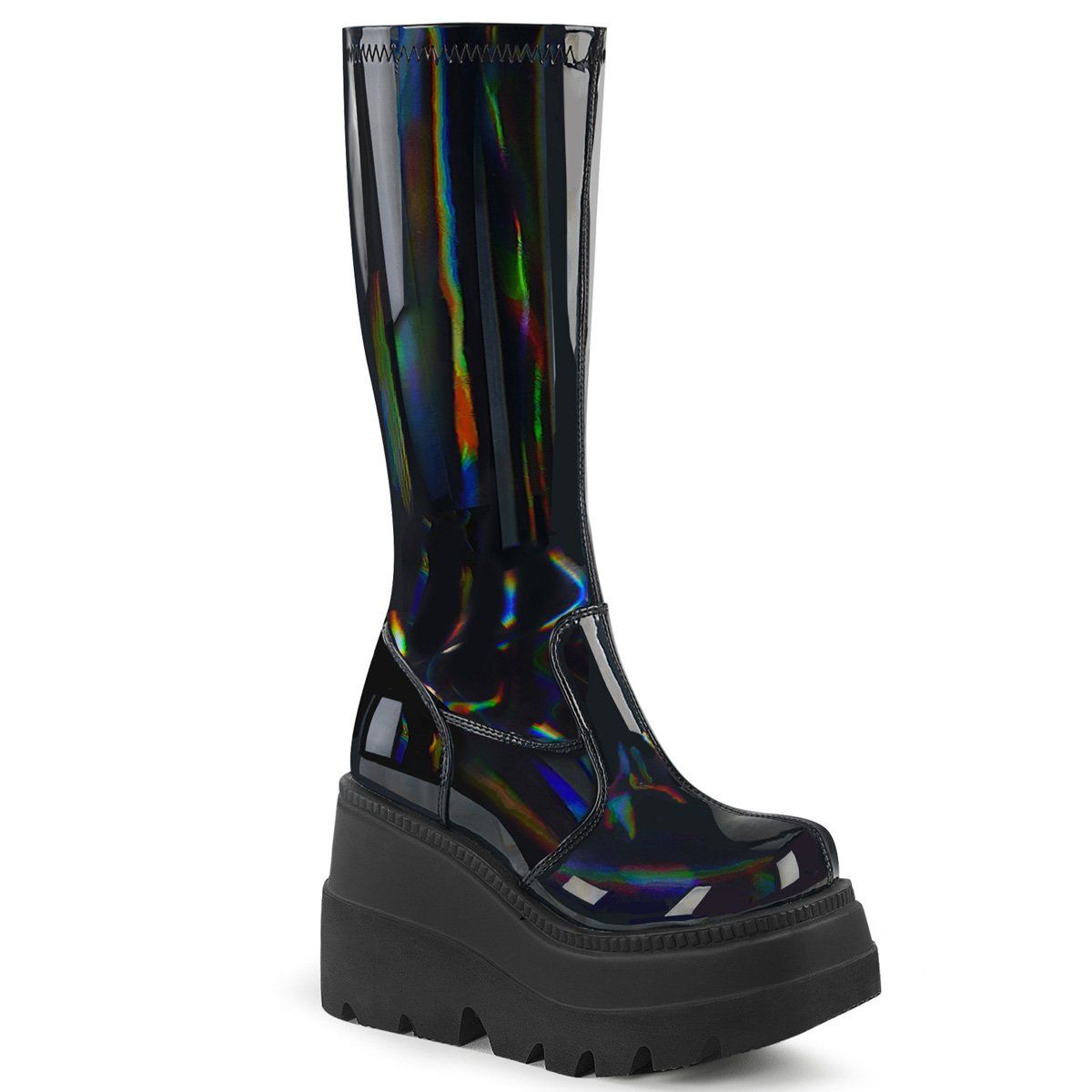 SHAKER-65 Stretch Black Patent Holo Knee Boot Demonia