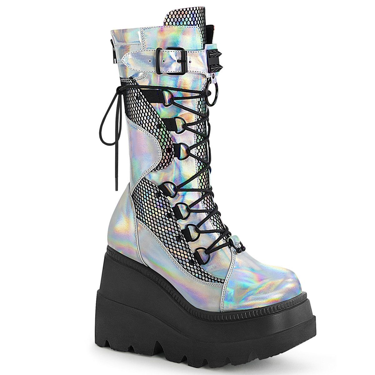 SHAKER-70 Silver Holo Vegan Leather- Black Fishnet Mid-Calf Boot Demonia