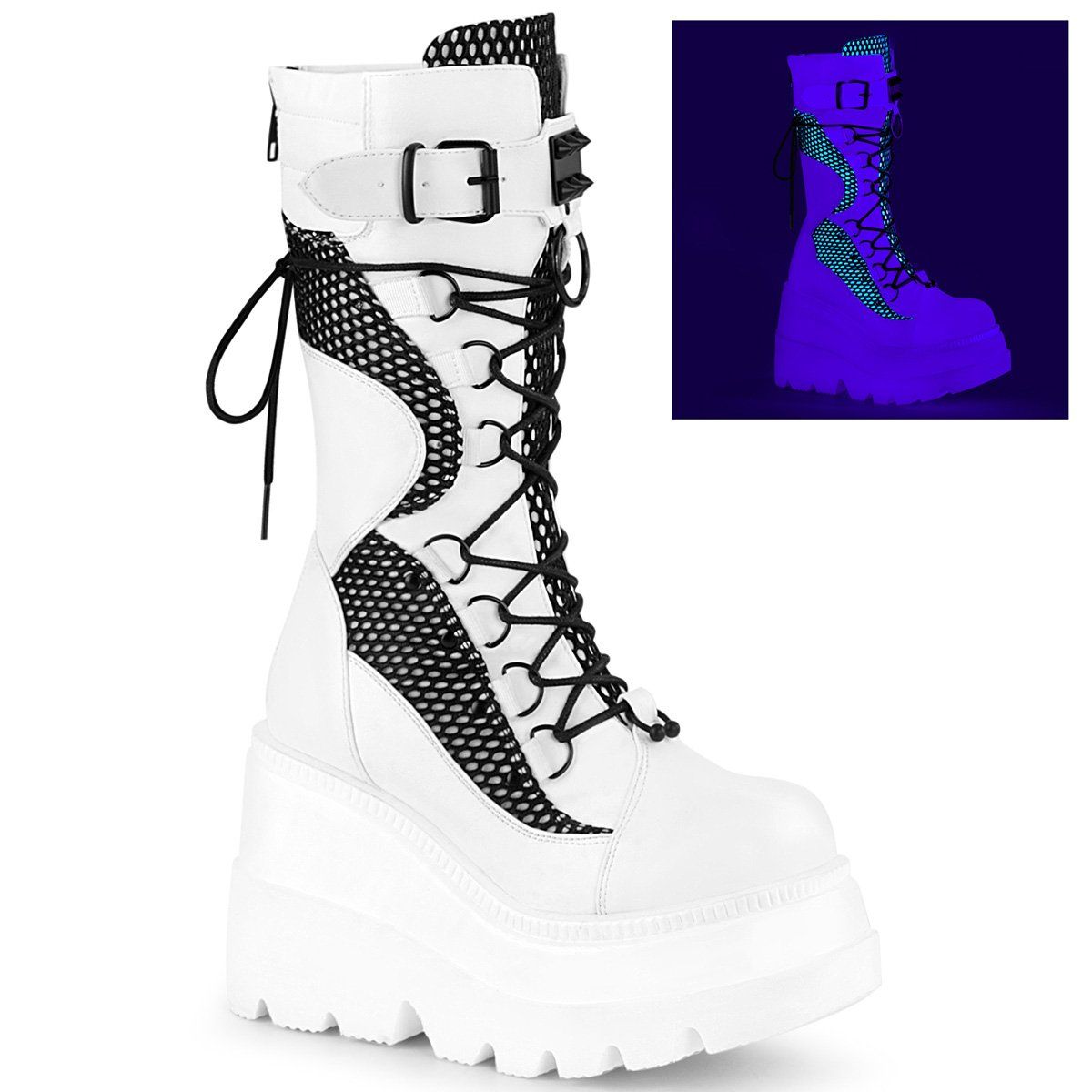 SHAKER-70 White Vegan Leather- Black Fishnet Mid-Calf Boot Demonia