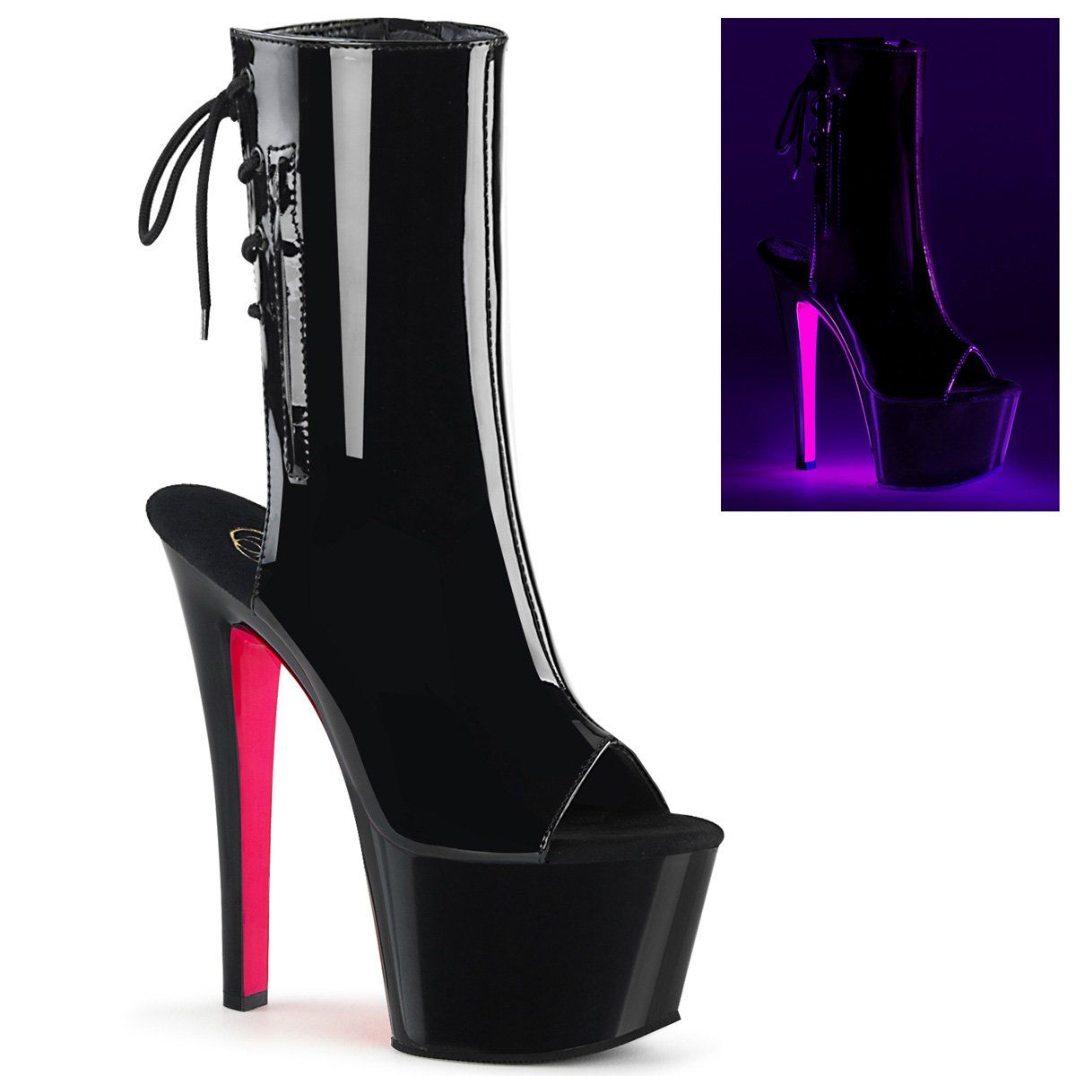 SKY-1018TT Black Patent/Black-Neon HotPink Boot Pleaser