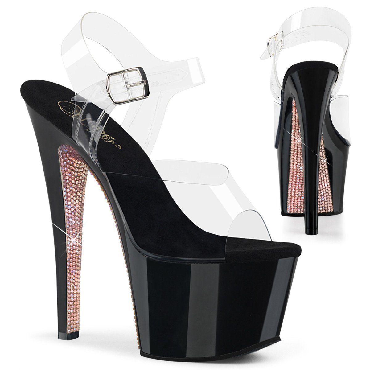 SKY-308CRS Clear/Black-Champagne AB Rhinestone Platform Sandal Pleaser