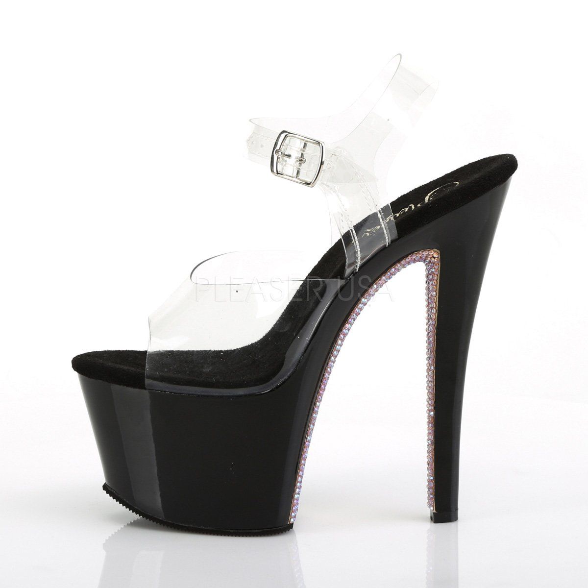 SKY-308CRS Clear/Black-Champagne AB Rhinestone Platform Sandal Pleaser