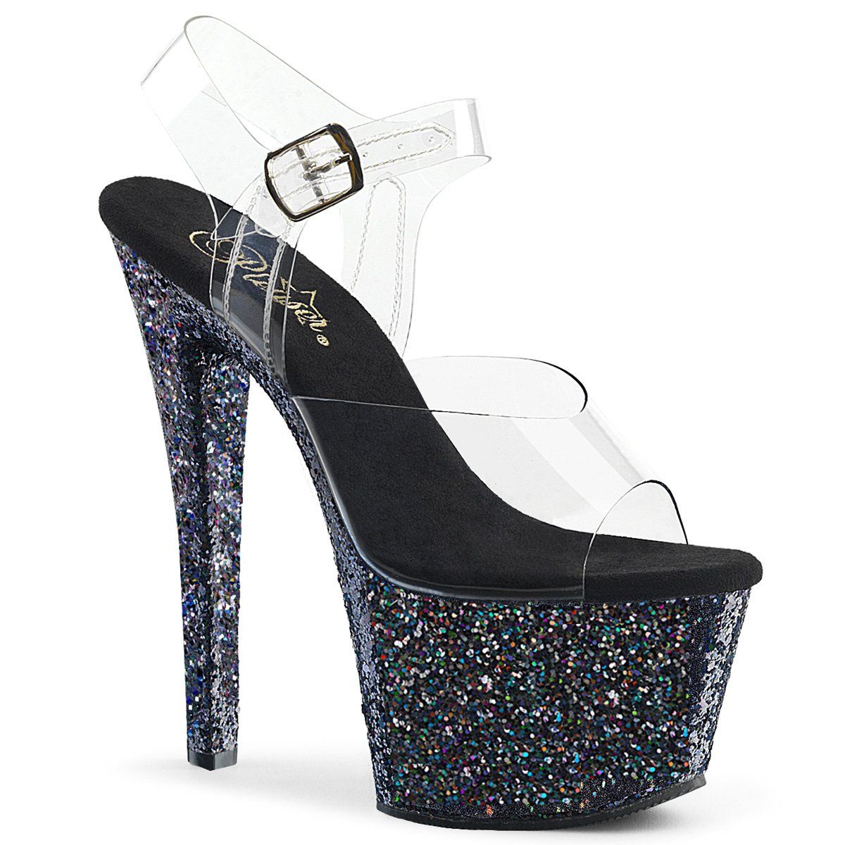 SKY-308LG Clear/Black Multi Glitter Platform Sandal Pleaser