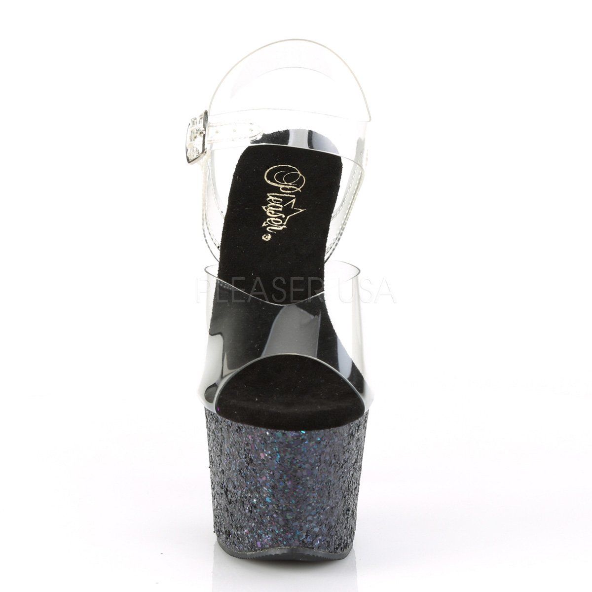 SKY-308LG Clear/Black Multi Glitter Platform Sandal Pleaser