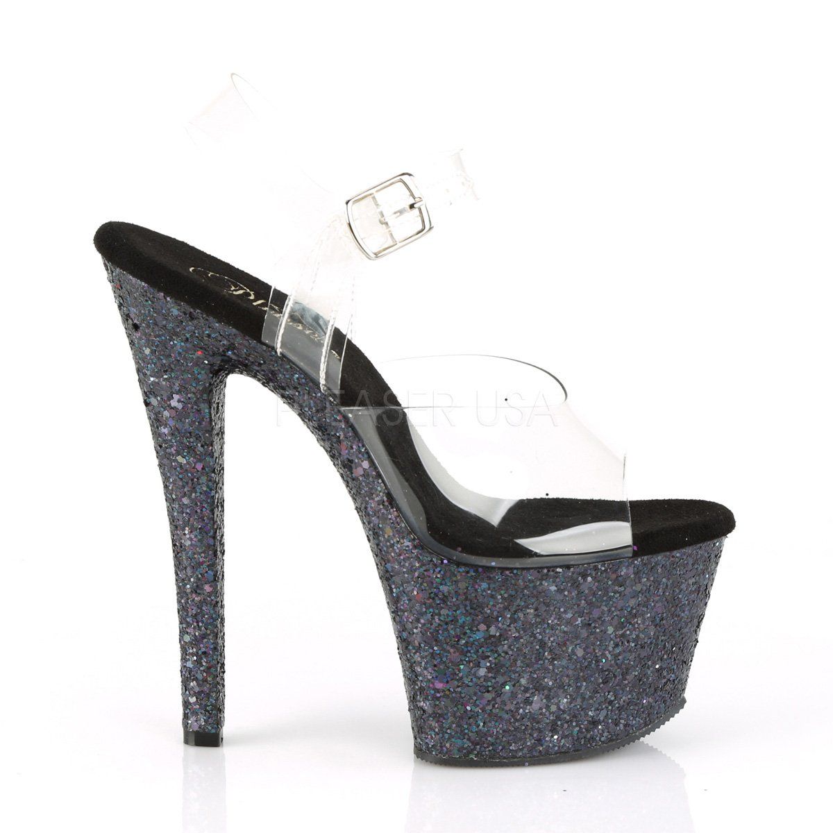 SKY-308LG Clear/Black Multi Glitter Platform Sandal Pleaser