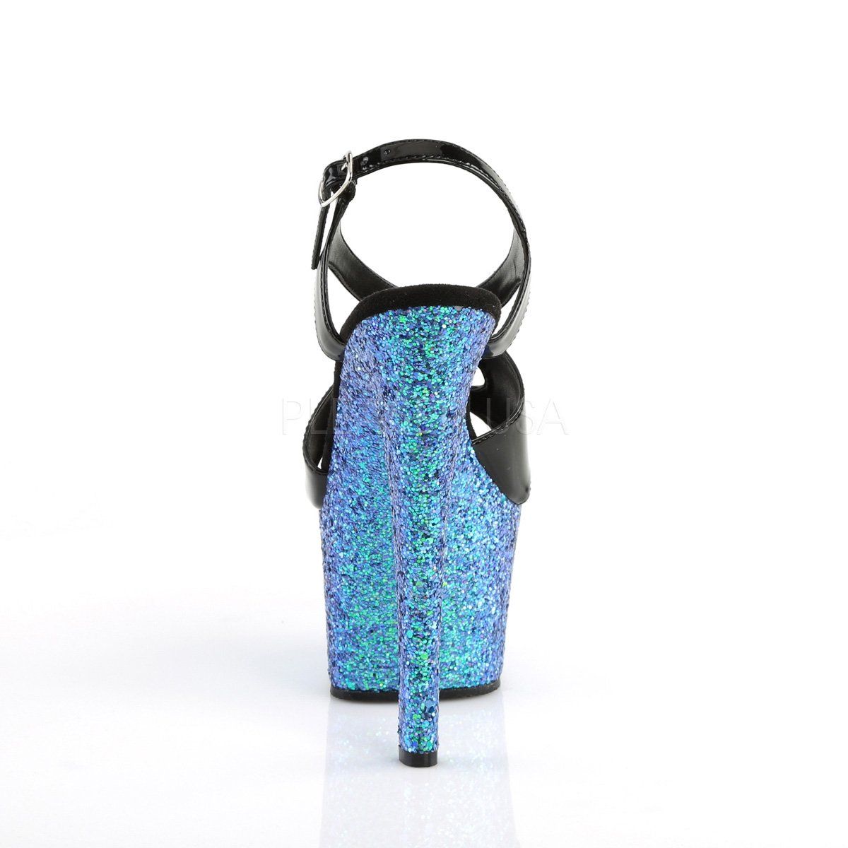 SKY-330LG Black Patent/Blue Multi Glitter Platform Sandal Pleaser