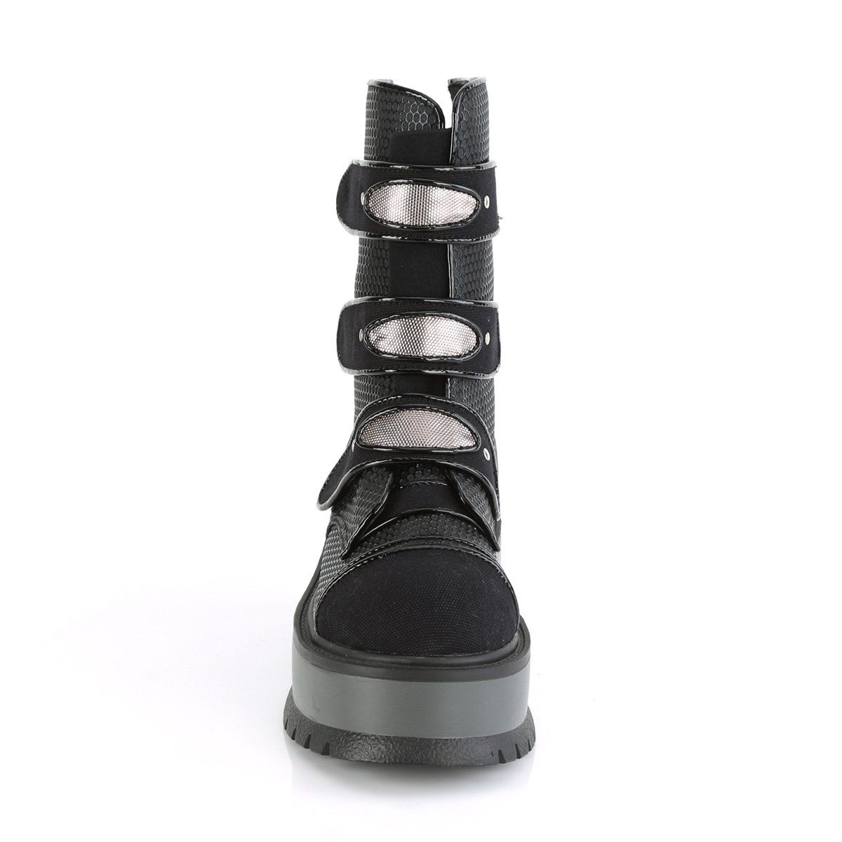 SLACKER-101 Black Vegan Leather-Canvas Mid-Calf Boot Demonia