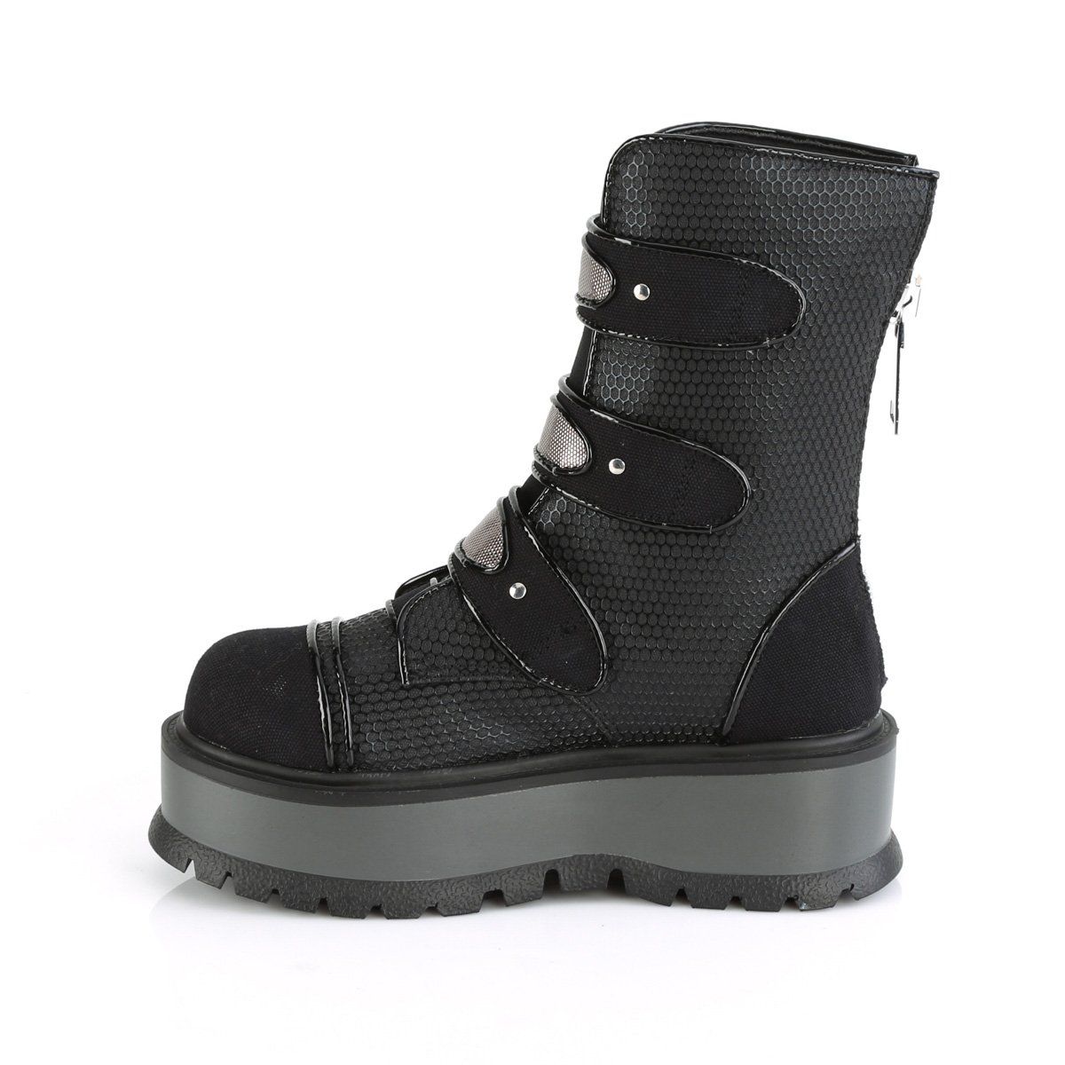 SLACKER-101 Black Vegan Leather-Canvas Mid-Calf Boot Demonia