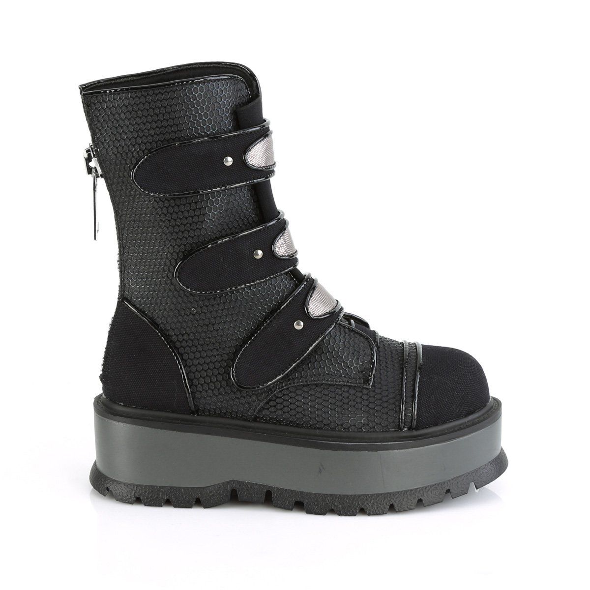 SLACKER-101 Black Vegan Leather-Canvas Mid-Calf Boot Demonia