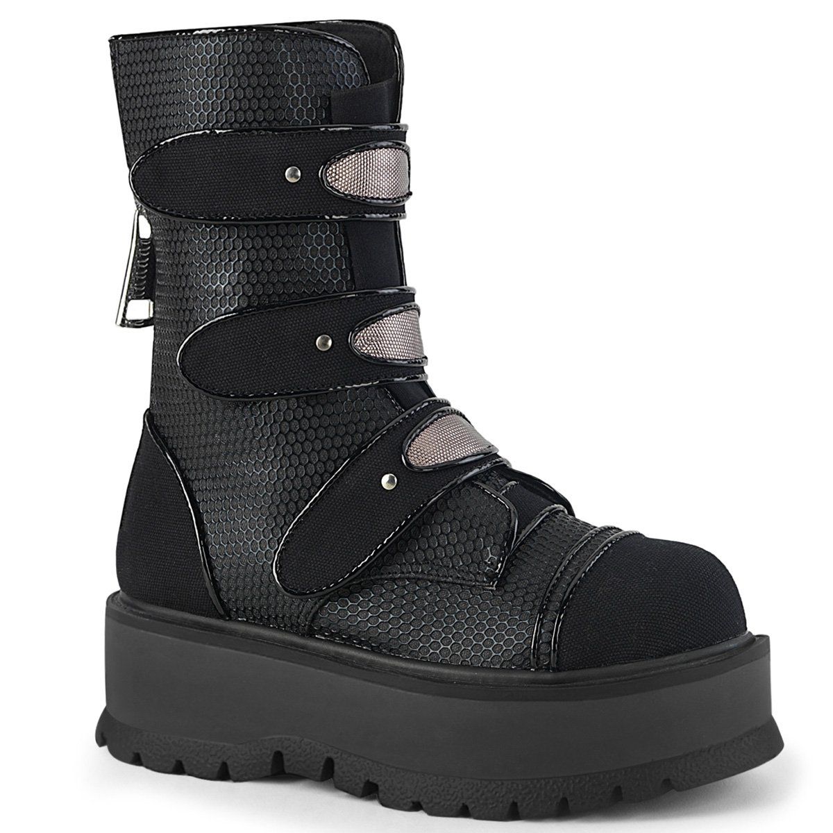 SLACKER-101 Black Vegan Leather-Canvas Mid-Calf Boot Demonia