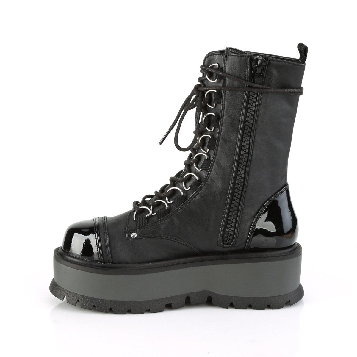 SLACKER-150 Black Vegan Leather-Patent Mid-Calf Boot Demonia