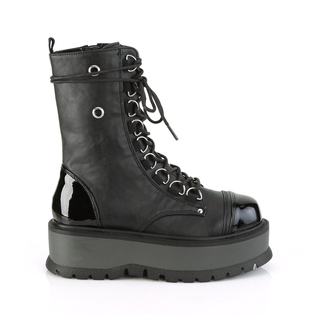 SLACKER-150 Black Vegan Leather-Patent Mid-Calf Boot Demonia