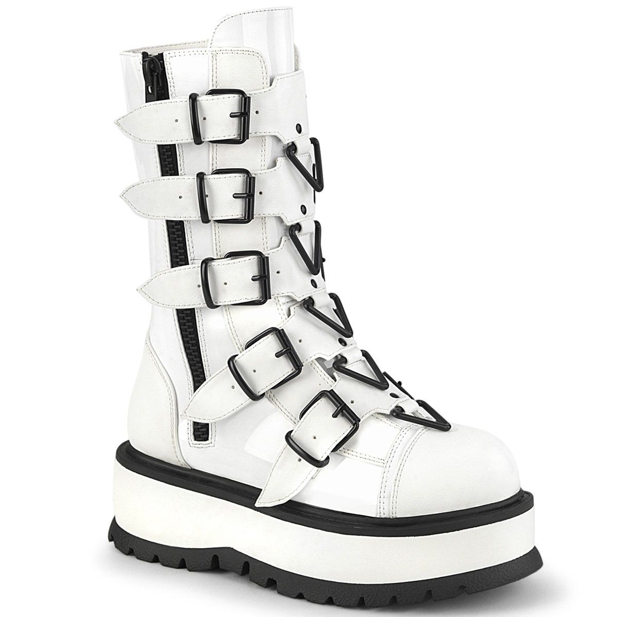 SLACKER-160 White Patent Mid-Calf Boot Demonia
