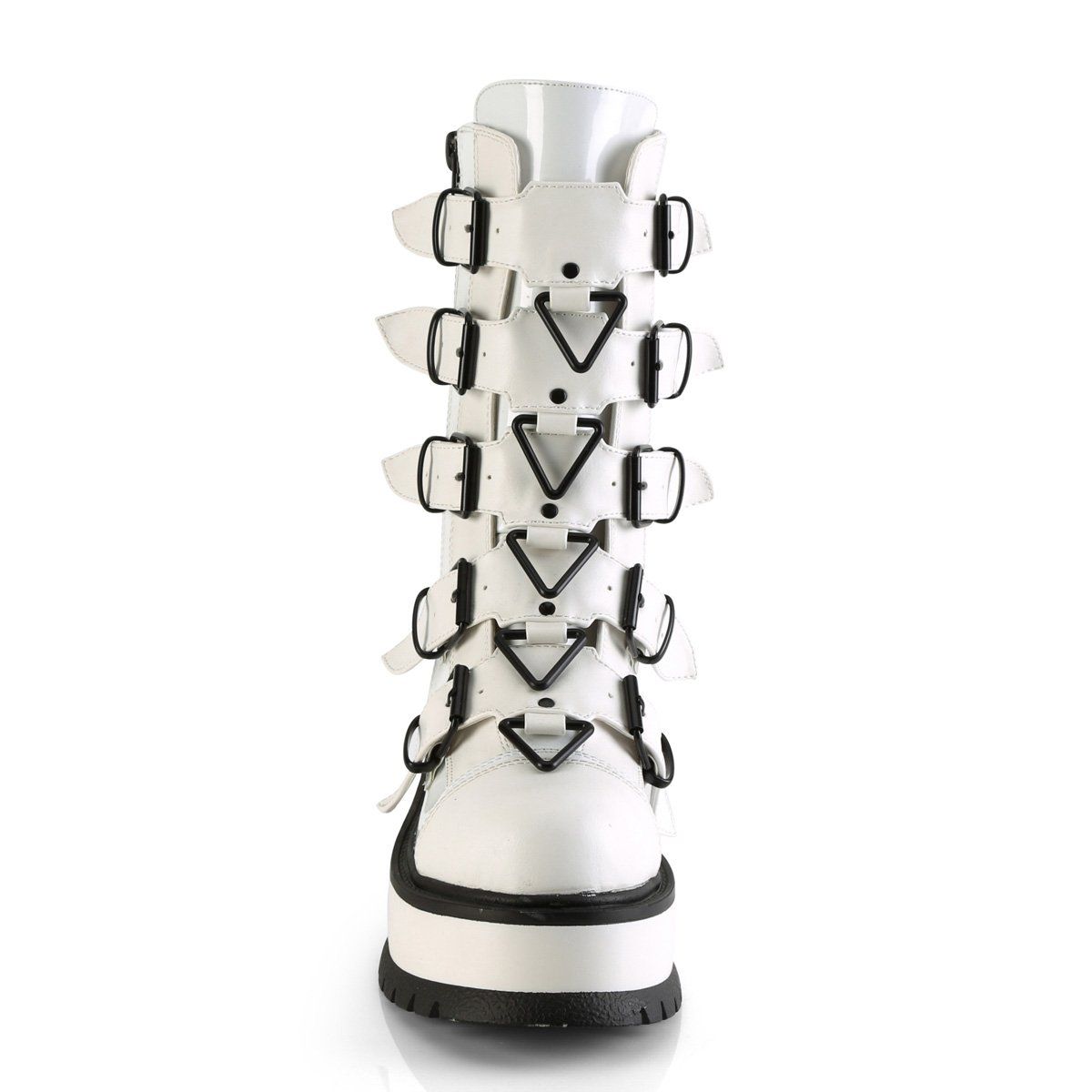 SLACKER-160 White Patent Mid-Calf Boot Demonia