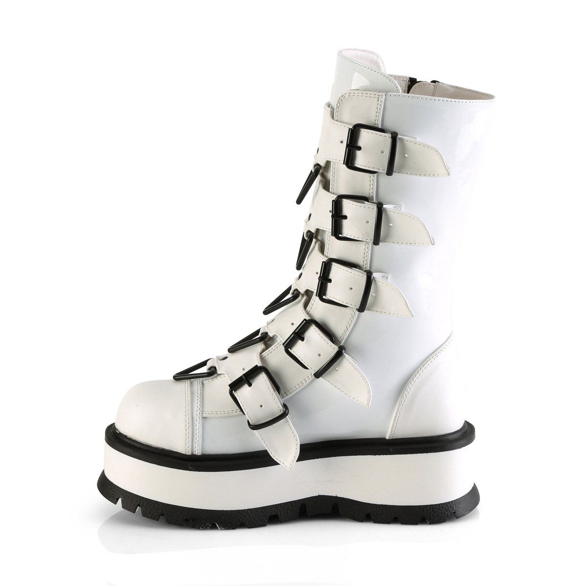 SLACKER-160 White Patent Mid-Calf Boot Demonia