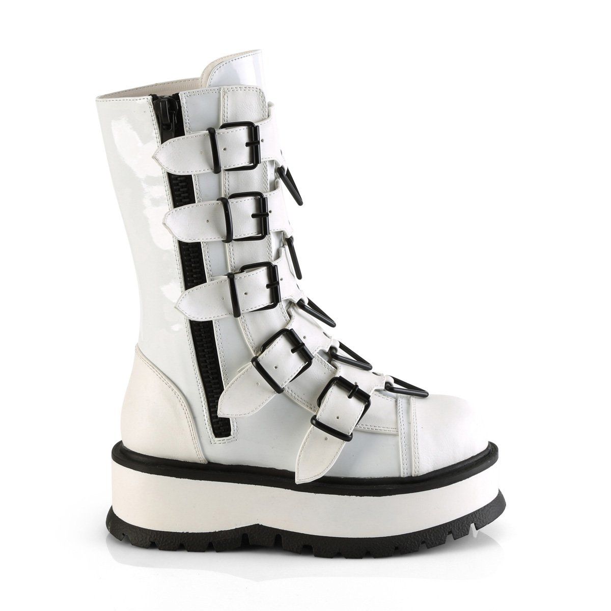 SLACKER-160 White Patent Mid-Calf Boot Demonia