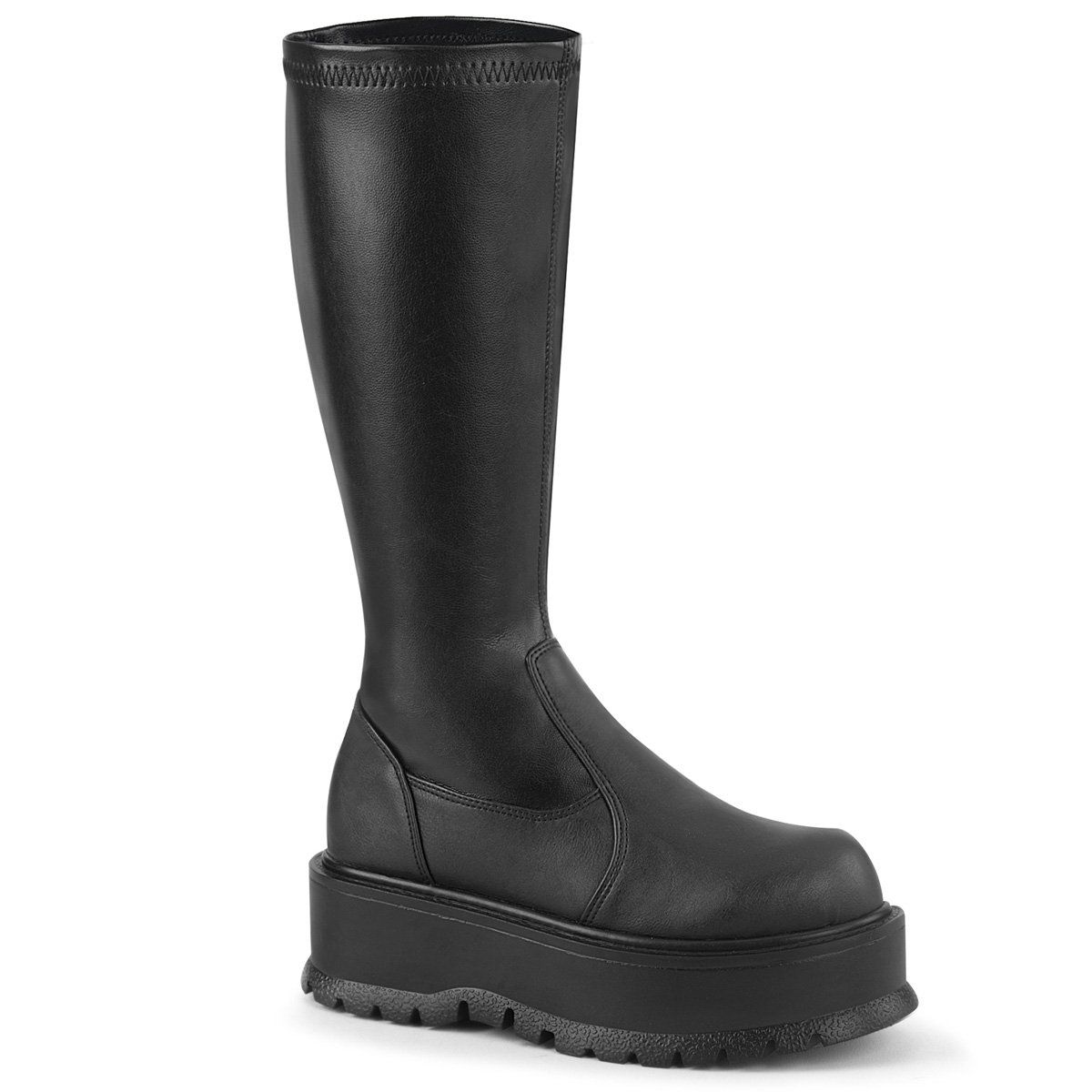 SLACKER-200 Black Stretch Vegan Leather Knee Boot Demonia