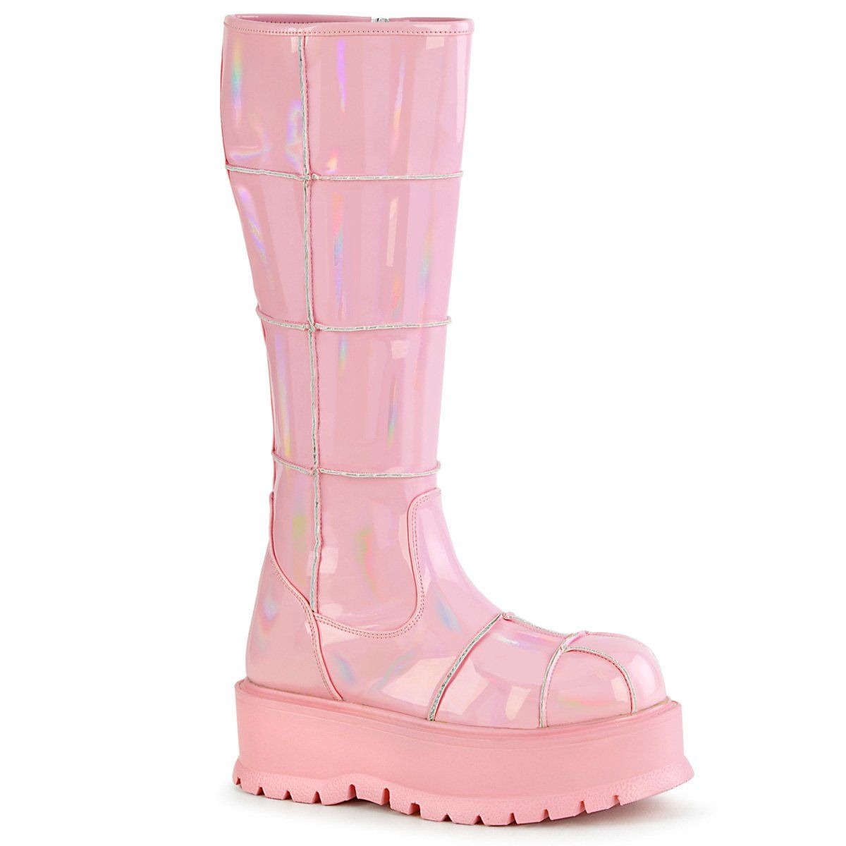 SLACKER-230 Baby Pink Hologram Patent Knee Boot Demonia