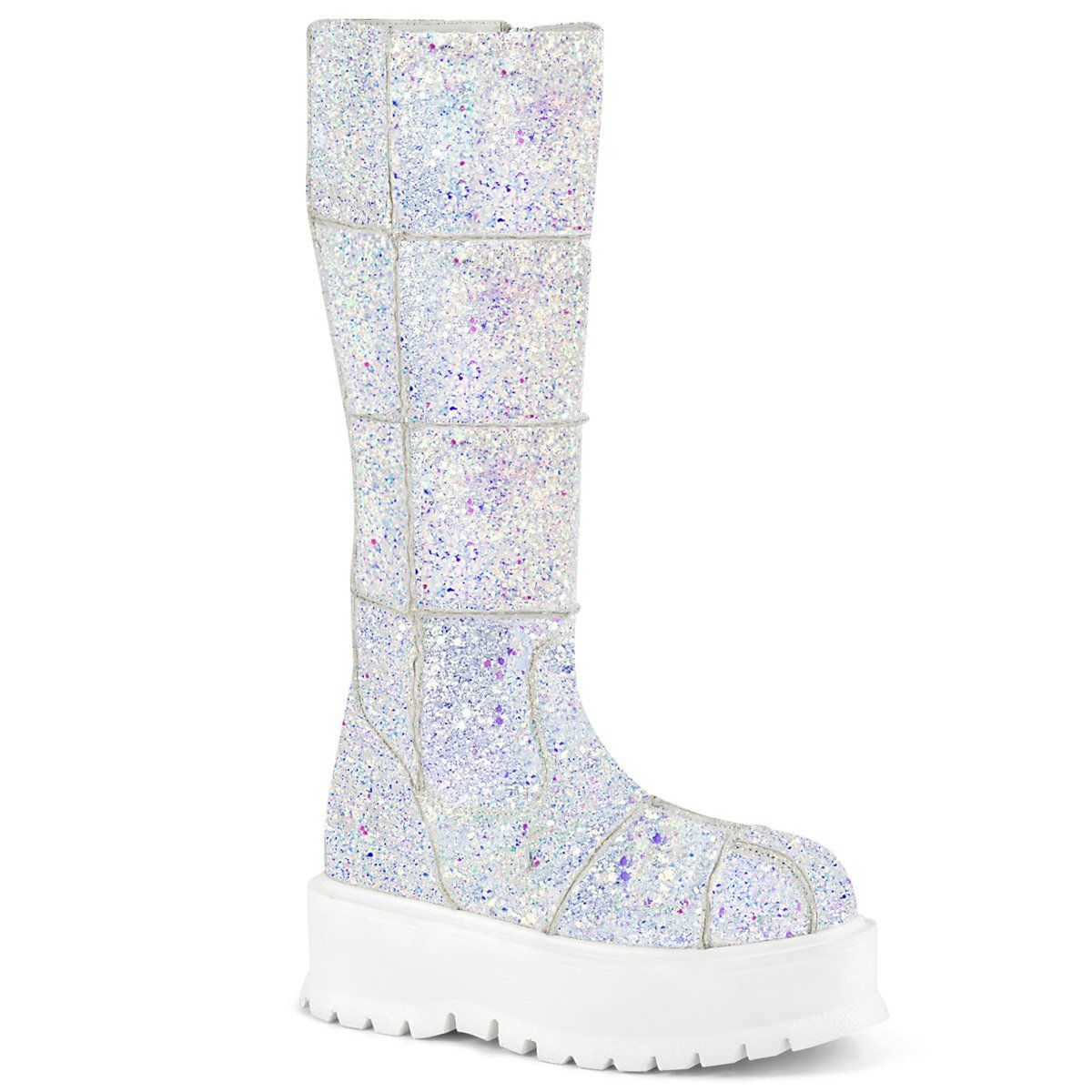 SLACKER-230 White Multi Glitter Knee Boot Demonia