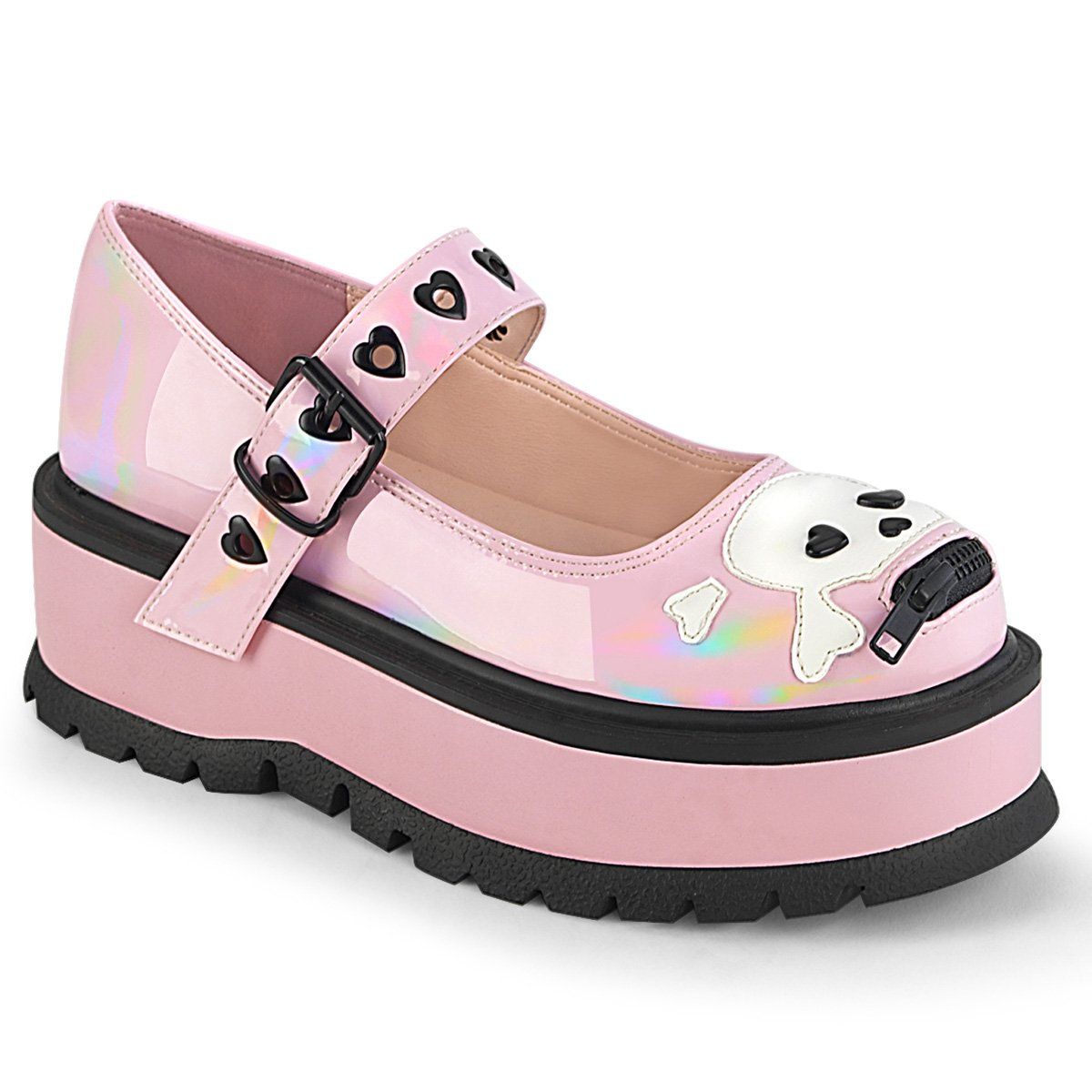 SLACKER-27 Baby Pink Hologram Mary Janes Demonia