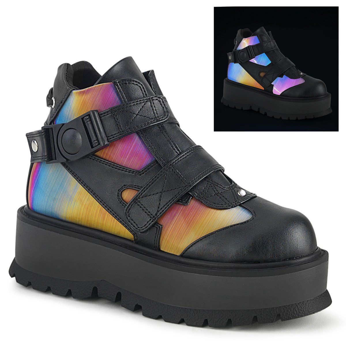 SLACKER-32 Black Vegan Leather-Rainbow Reflective Ankle Boot Demonia