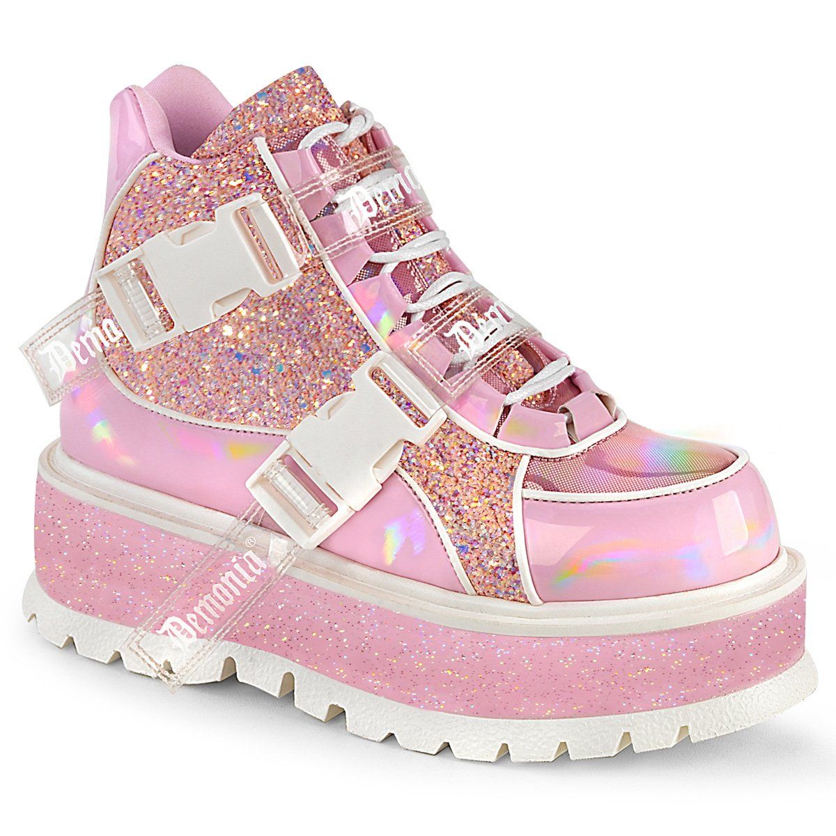 SLACKER-50 Baby Pink Holographic Patent-Pink Multi Glitter Ankle Boot Demonia